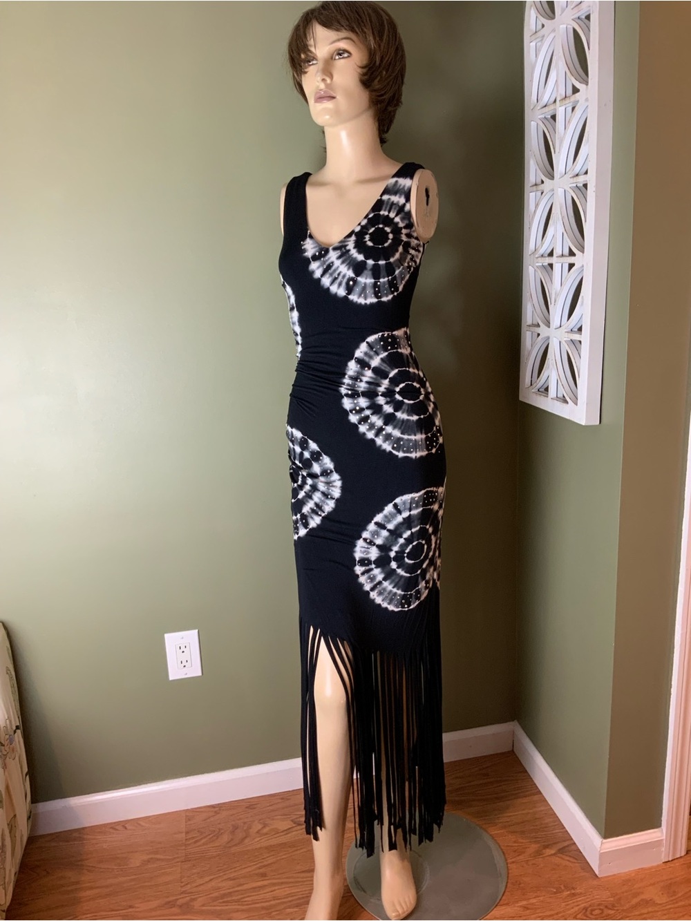 INC International Concepts Black and White Tie-Dye Fringe Maxi Dress size xs